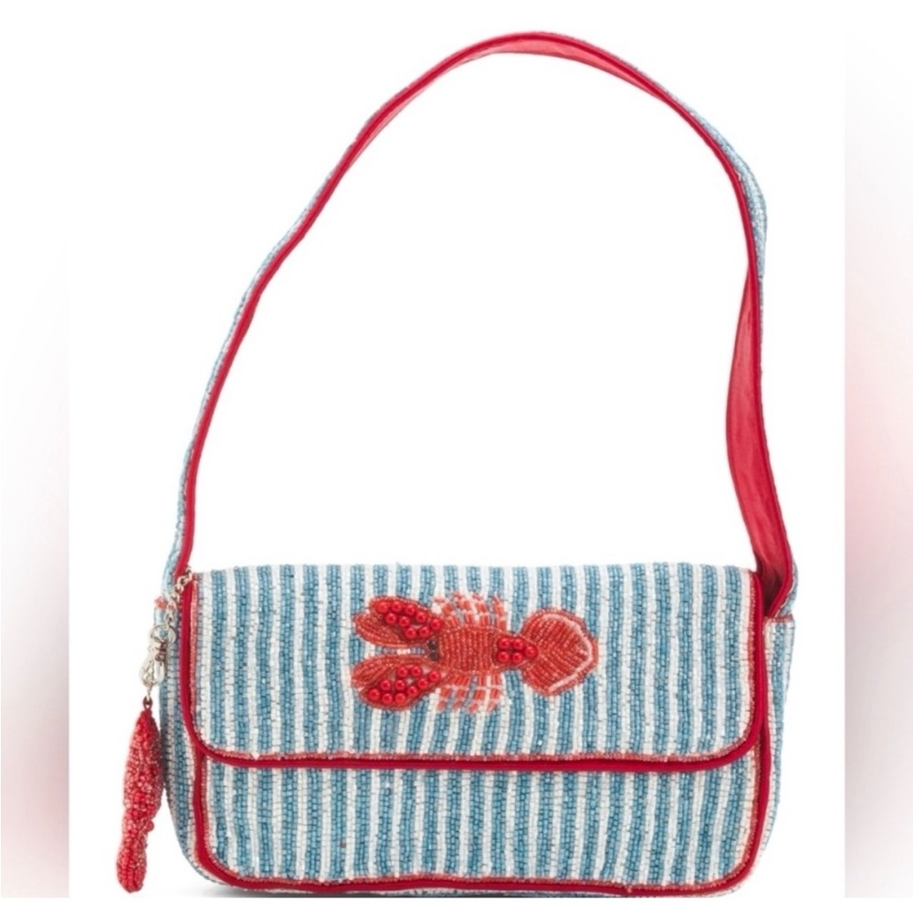 Striped Blue & Red Beaded Lobster Shoulder Bag